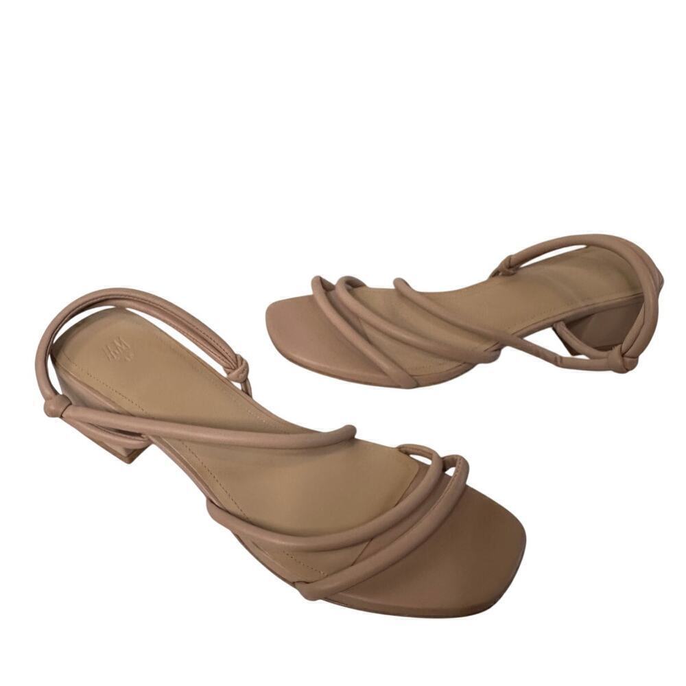 H&M Size US 9 Beige Faux Leather  Square Toe Block Heel Strappy Sandal Vacation